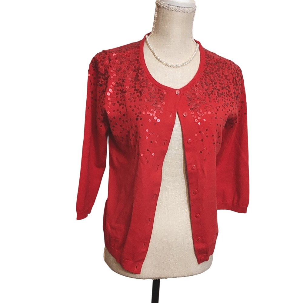 Relativity Retro Pinup Red Sequins 3/4 Sleeve Button Front Cardigan Sweater PM